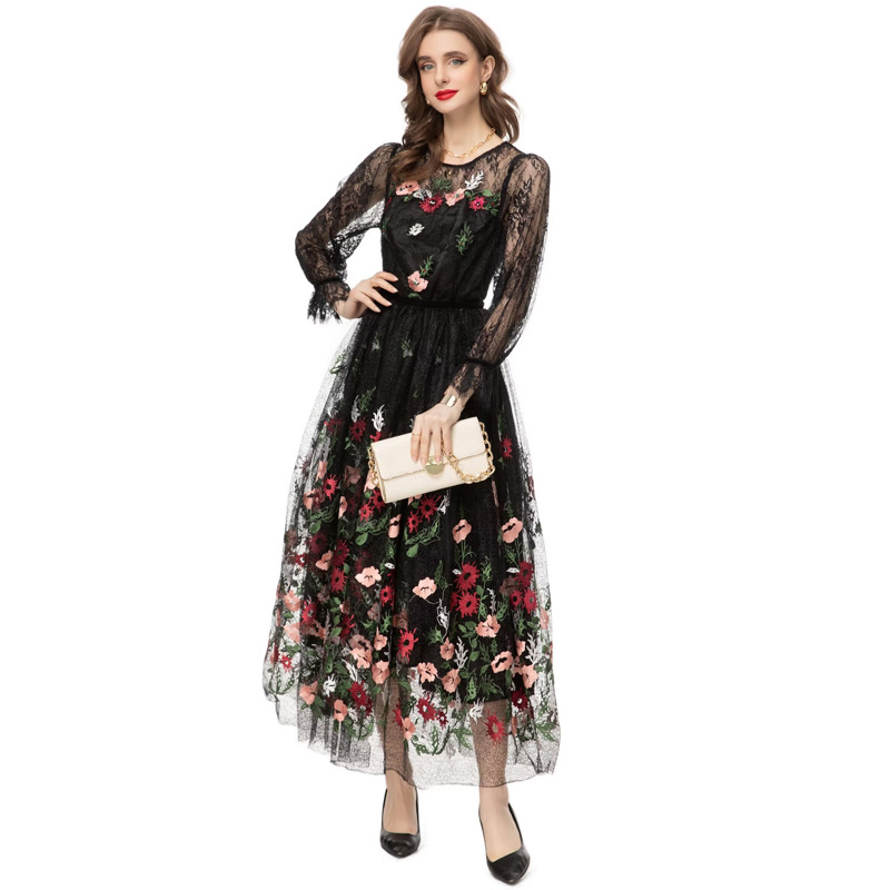 OC134M04 Spring and Summer Women's Dresses Multicolored Round Neck Long Sleeved Handmade Embroidered Diamond Lace Gorgeous Long Skirt for Commuti