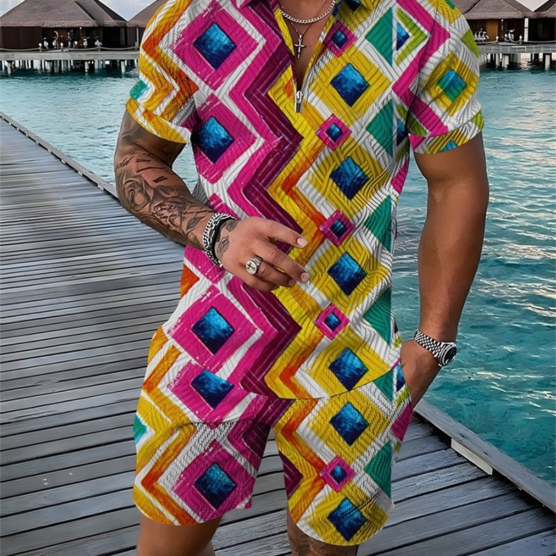 Summer Fashion Mens Sweatsuit set Colored Patches 3D Print Casual Zipper Polo Shirt Shorts 2pcs Sets Oversized Tracksuit Sets 250109