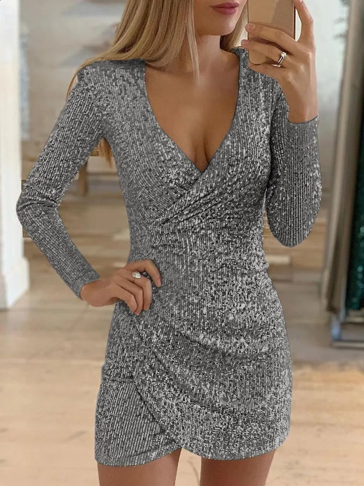 Dresses For Women 2025 Sexy Deep V-Neck Silver Sequin Mini Bodycon Dress Spring Autumn Long Sleeve Party Dress Female 250206