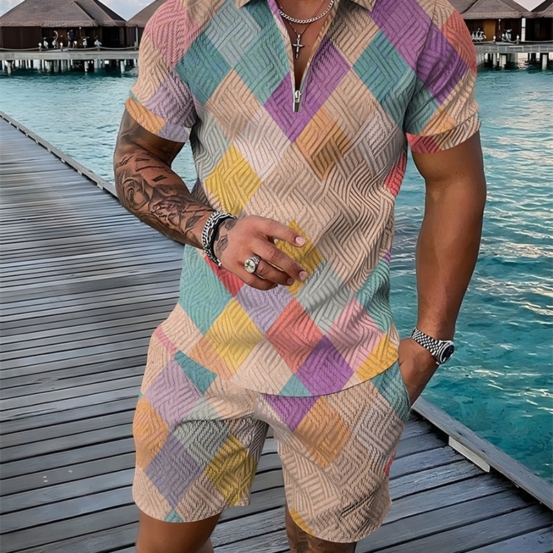 Summer Fashion Mens Sweatsuit set Colored Patches 3D Print Casual Zipper Polo Shirt Shorts 2pcs Sets Oversized Tracksuit Sets 250109