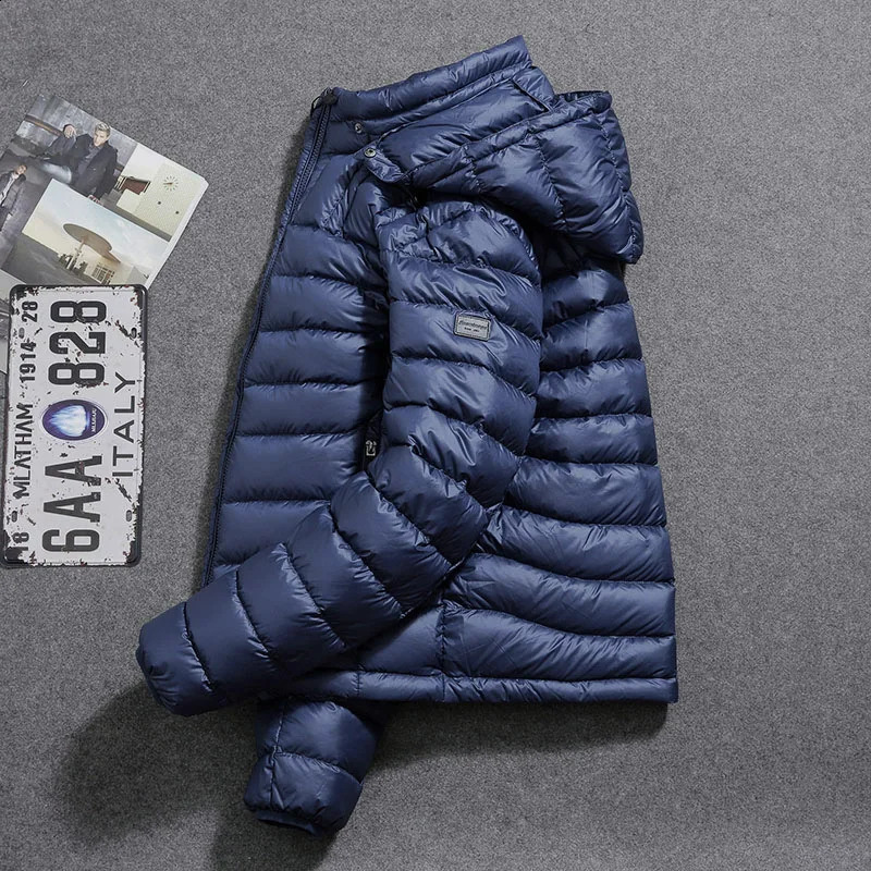 Mens Lightweight Down Jacket 90 White Duck Short Winter Solid Color Hood Youth Leisure Driving Home 250109Z