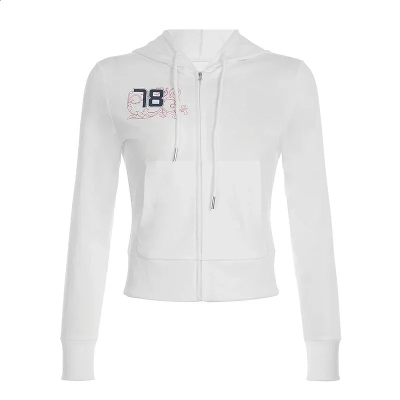 Digital Graphic Print Zipper Hoodie White Casual Basic Slim-fit Thin Cardigan Autumn Winter Hooded Coat Streetwear Y2K 250206