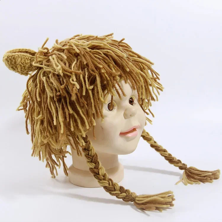 Funny Lion Children Baby Hat Hair Wig Cap Winter Warm Woolen Yarn Knitted Crochet Kids Hats and Caps Dress Up Pography Props 250206