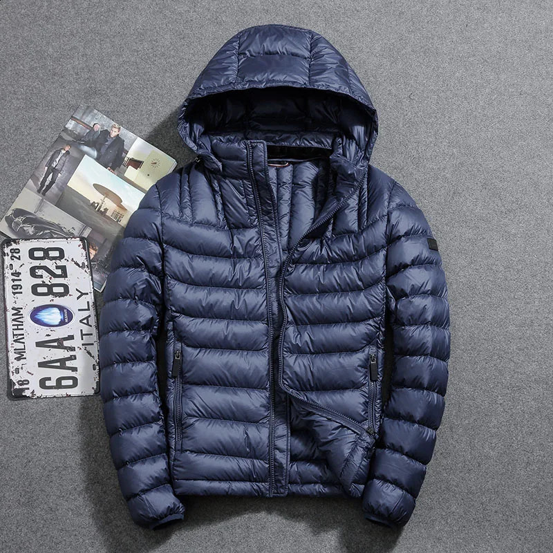 Mens Lightweight Down Jacket 90 White Duck Short Winter Solid Color Hood Youth Leisure Driving Home 250109Z