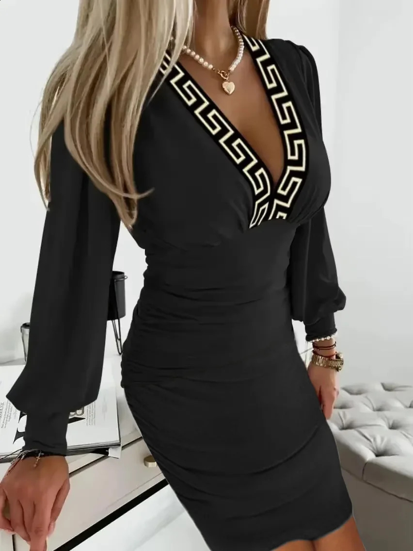 Sexy Bodycon Solid Color Mini Dresses Womens V-Neck Long Sleeved Dress Pleated Party Dress Vestidos Cortos 250206