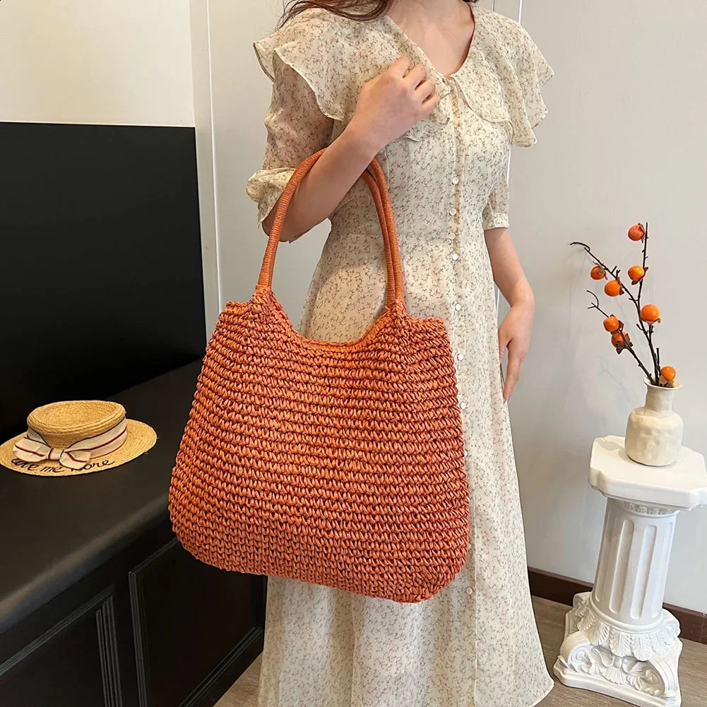 Large Capacity Weaving Underarm Bag Summer Straw Crochet Women Tote Handbag Hasp Closure Retro Beach Shoulder Bag Daily Bag 250206