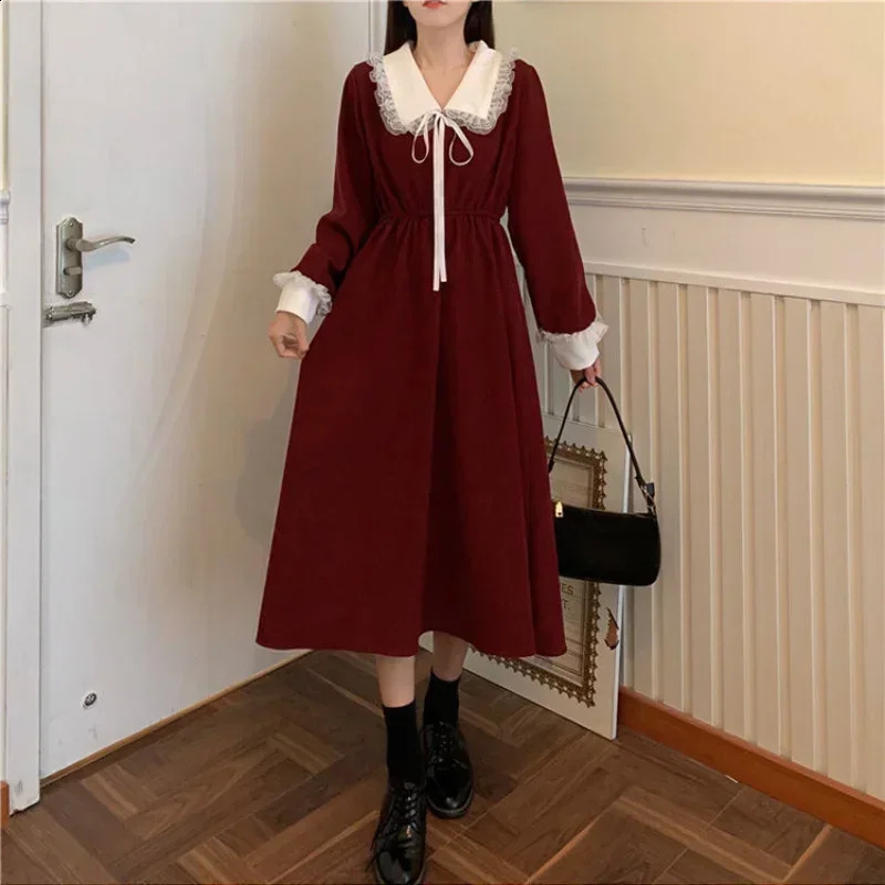 Vintage Shirt Dress Women Autumn Spring Long Sleeve Robe Kawaii Lolita Elegant Midi Dresses Korean Fashion Vestido 250206