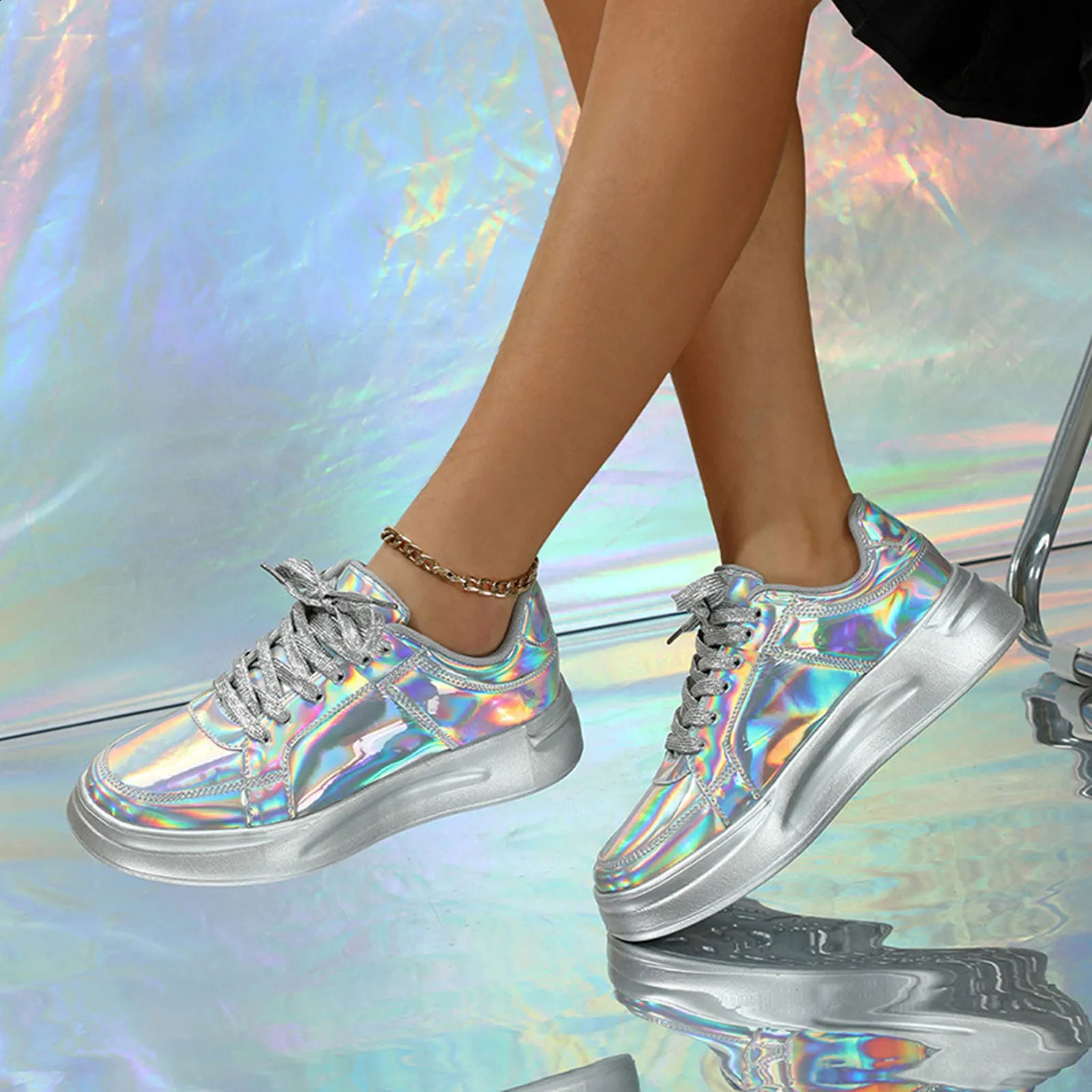 Women Casual Shoes Fashion Breathable Walking Sneakers Couples Fashion Thick Soled Sequins Lace Up Heightening Casual Tenis 250206