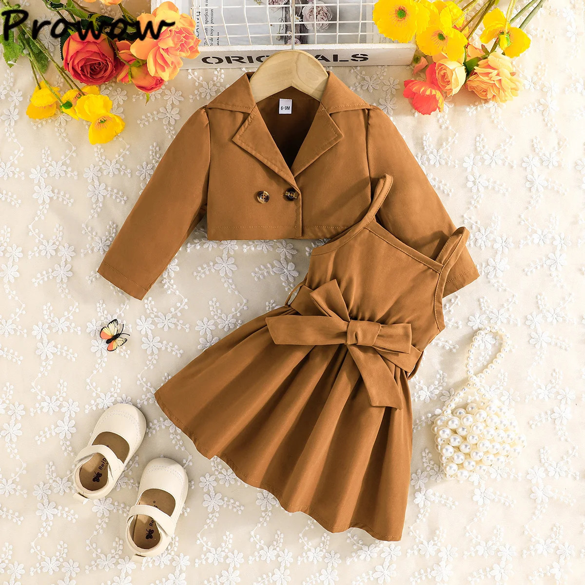 Prowow Baby Girls Clothes Fashion Lapel Blazer JacketBelted Dress For Girls Kids Dress Set 3pcs Toddler Baby Girl Outfit Sets 250206