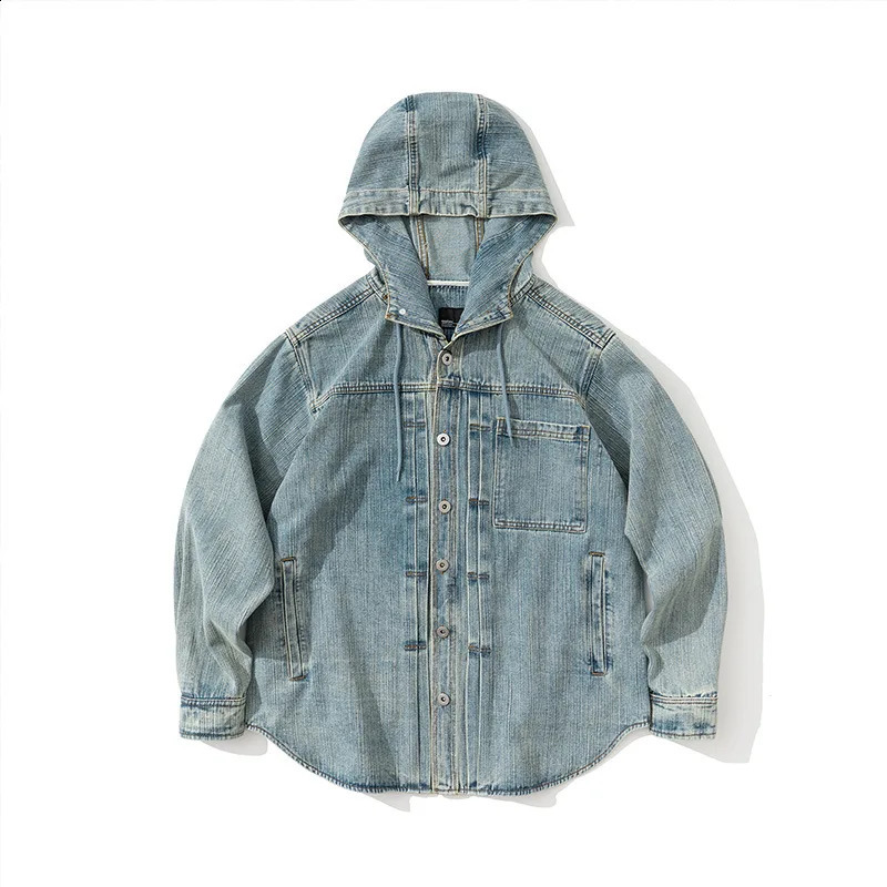 Autumn Japanese Streetwear Vintage Denim Jacket Men Loose Casual Denim Hooded Coat Jeans Jacket Cowboy Spring Outerwear 250206