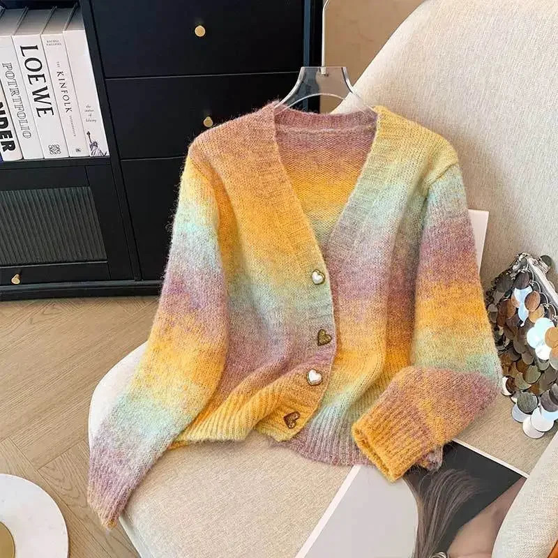 Spring And Autumn Slimming Knit Sweater Womens Fashionable Color Block Gradient Waist-Fitted Cardigan V-Neck Top 250206