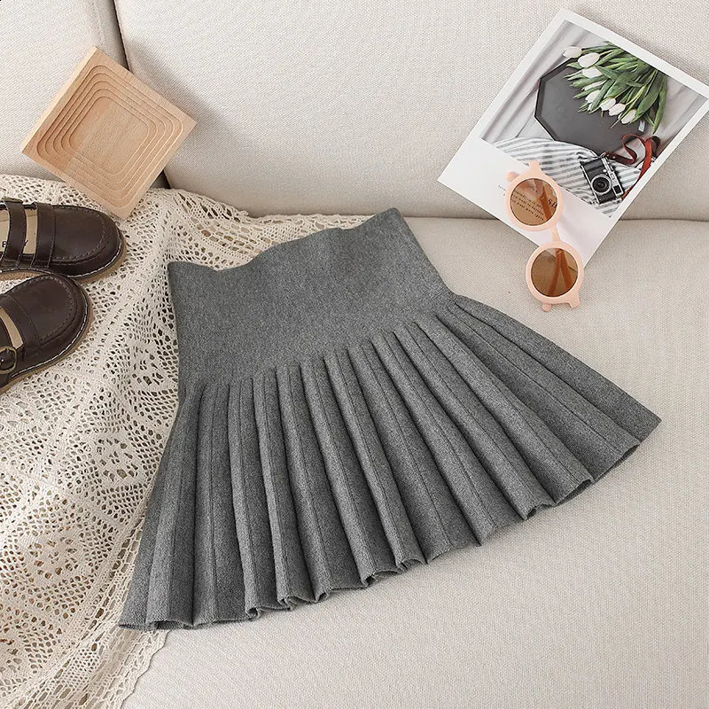 Childrens Pleated Skirt for Girls Spring Autumn Winter Knitted Preppy Style Black Grey Skirt Clothes for Kids 4 To 14Years Old 250206