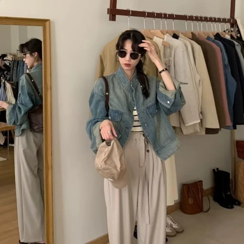 Cropped Denim Jackets Women Vintage Hipster Japanese Style Stylish Office Lady Slouchy Loose Streetwear Daily All-match Outwear 250122