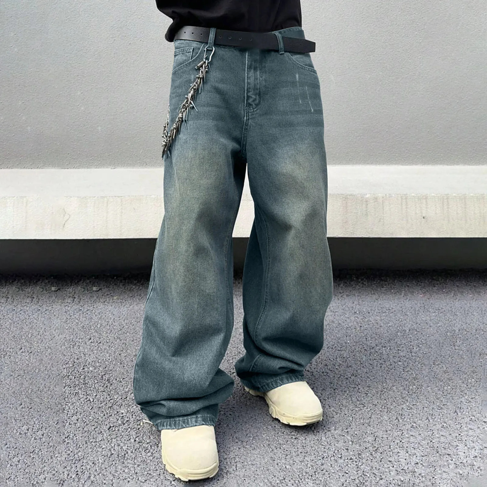 Mens Streetwear Baggy Hip Hop Jeans Wide Leg Skater Denim Pants Casual Loose Fit Long Trousers Streetwear Denim Overalls Y2k 250206