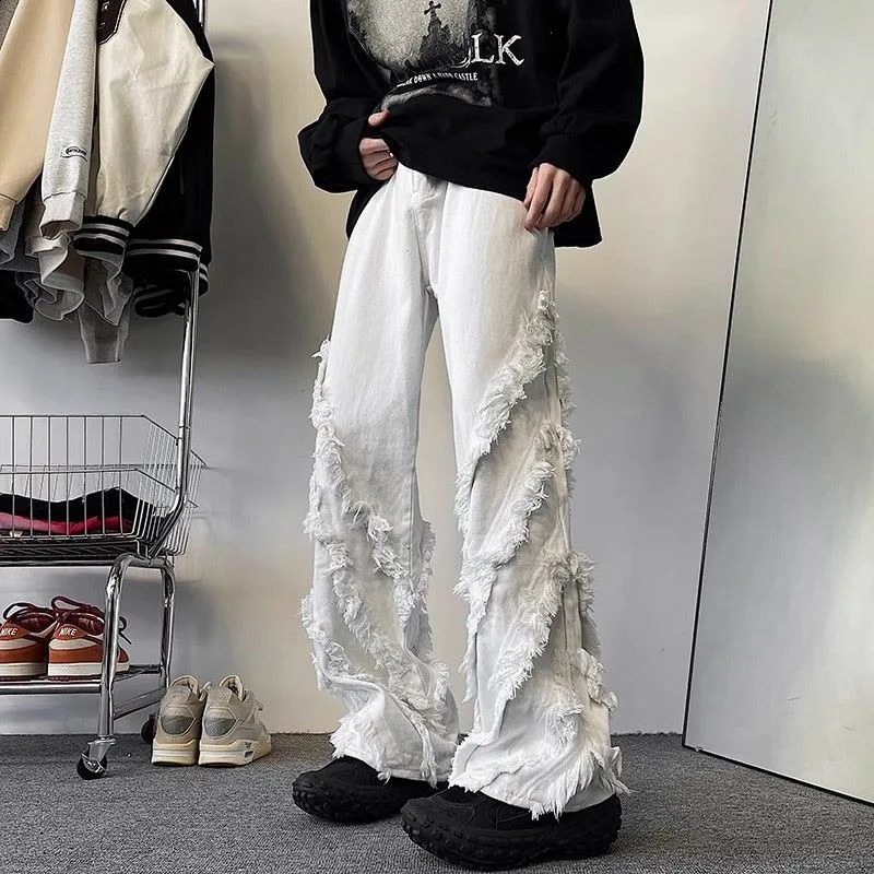 Y2K American Fashion High Street Vibe Destroyed Fringed Jeans Men And Women Vintage Harajuku Wide Leg Micro-trumpet Slacks 250206