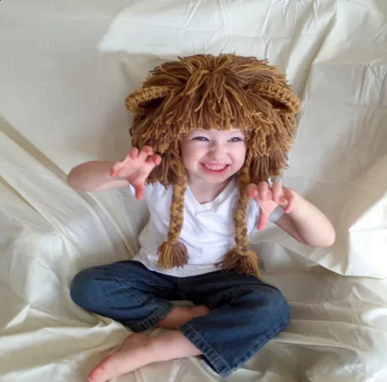 Funny Lion Children Baby Hat Hair Wig Cap Winter Warm Woolen Yarn Knitted Crochet Kids Hats and Caps Dress Up Pography Props 250206