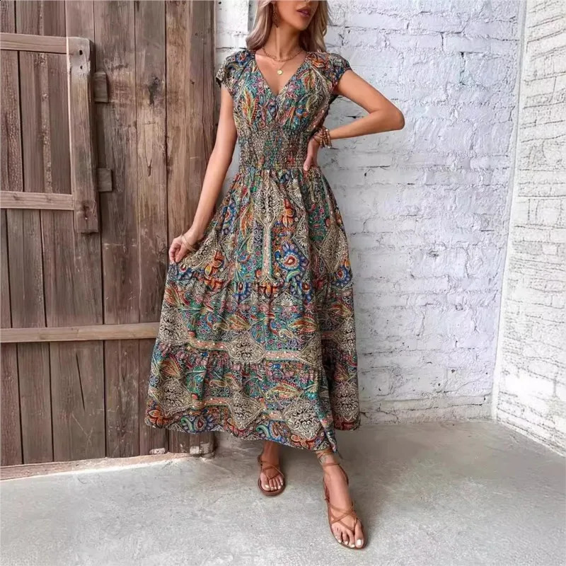 Summer Womens Short Sleeved Dress Long Vneck Cinched Waist Style French Temperament Bohemian Vacation Printed 250121