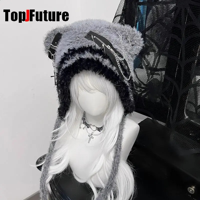 Womens Harajuku Steampunk Y2K Gothic Japanese Soft GirlBear Hat Cute Cross zipperChain decorationStar Hairline Hat 250120