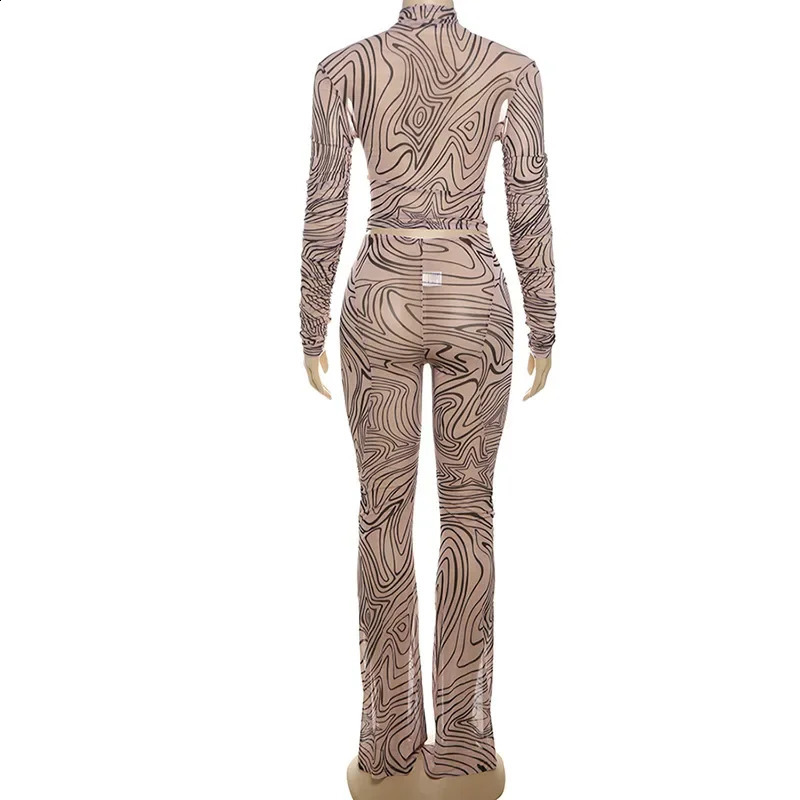 Zebra Striped Print Mesh 2 Piece Set 2024 Autumn Women Turtleneck Full Sleeve T-shirts Top Flare Pants See Through Match Suits 250121