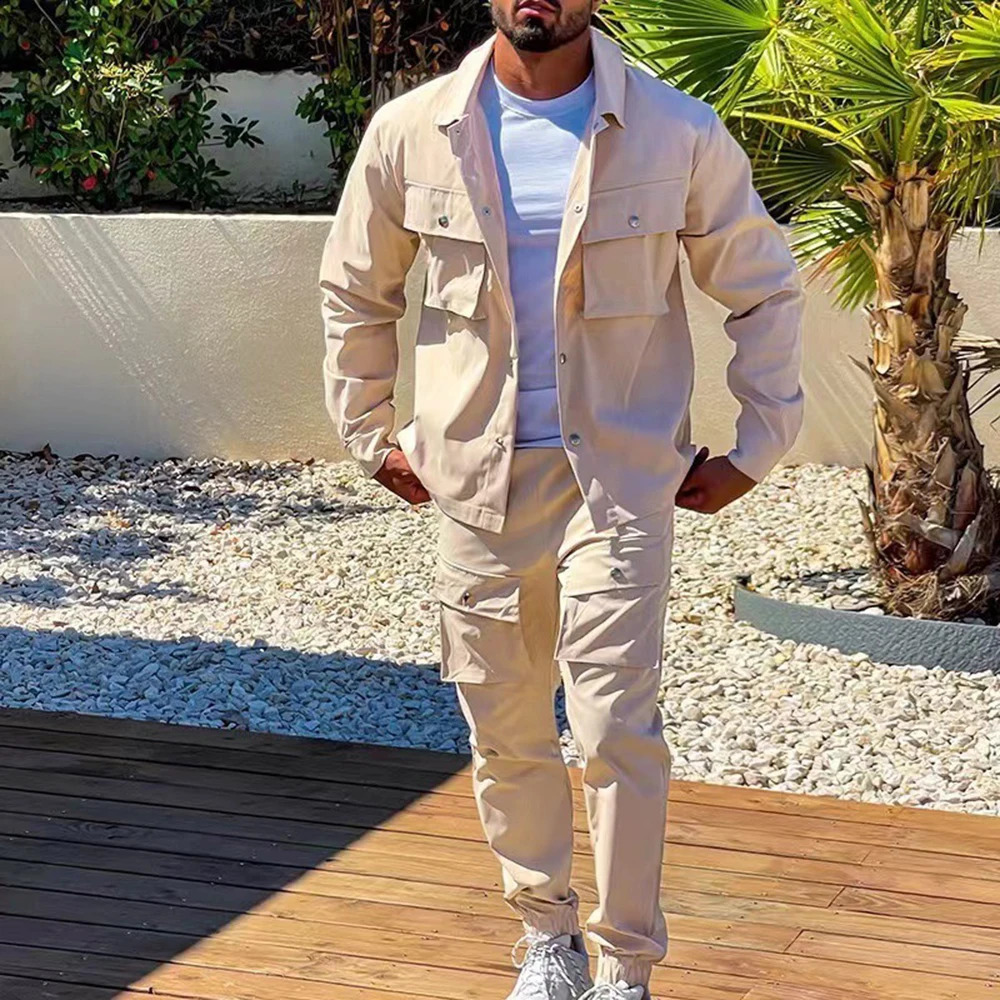 Fashionable Spring and Autumn Mens Button Long Sleeved JacketWorkwear Long Pants Set Casual Jogging Party Two-piece Set 250121