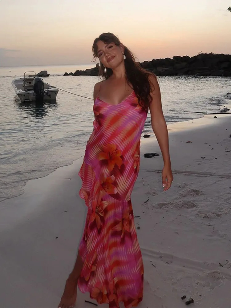 Chic Backless Ruffles Printed Sleeveless V Neck Beach Dress Women Fashion Flower Midi Dresses 2025 Summer Vocation Lady Robe 250206