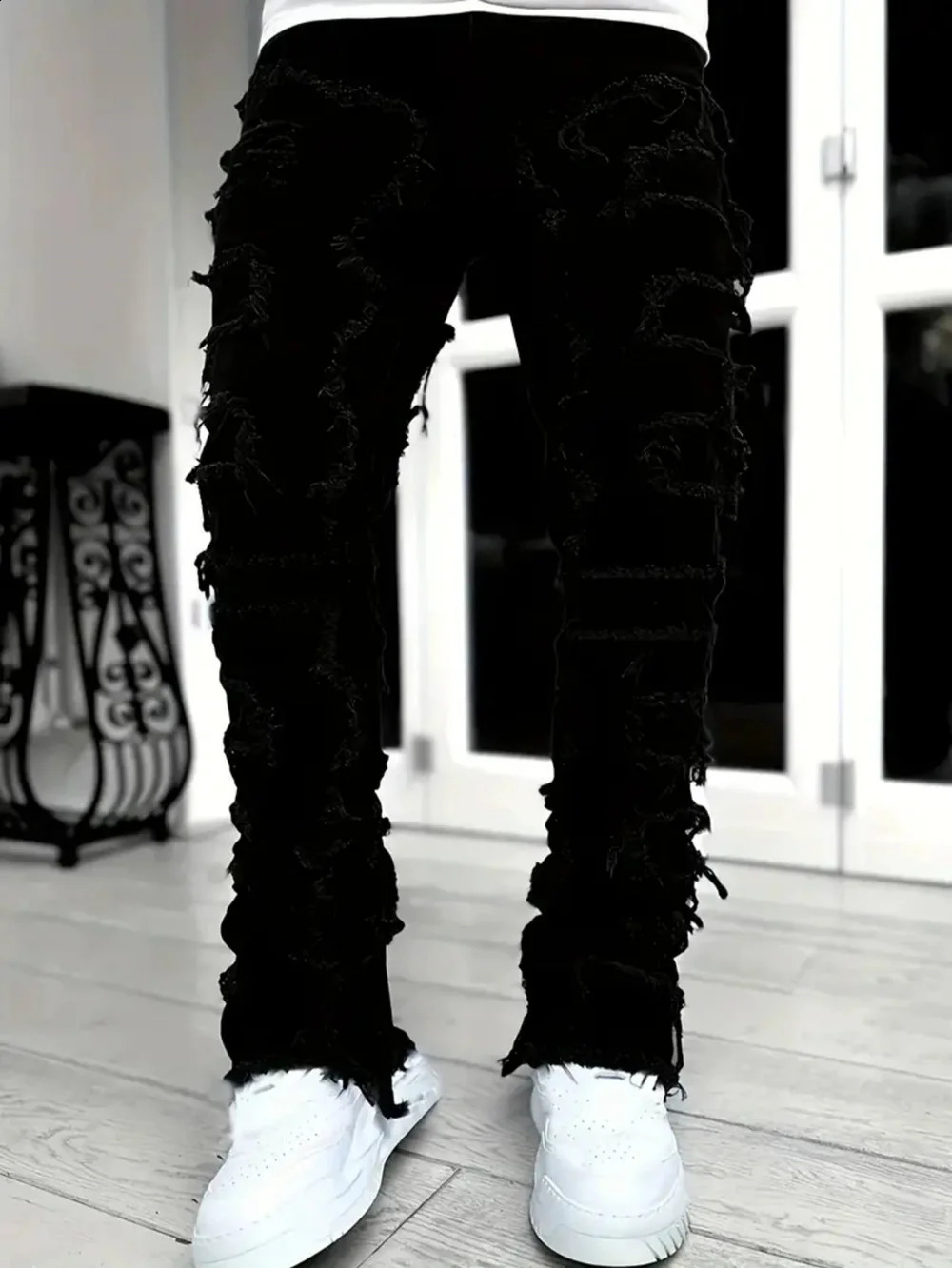Men Biker Jeans Stylish Stacked Spliced Distressed Loose HipHop Male Motorcycle Straight Casual Denim Pants For Men Trousers 250113