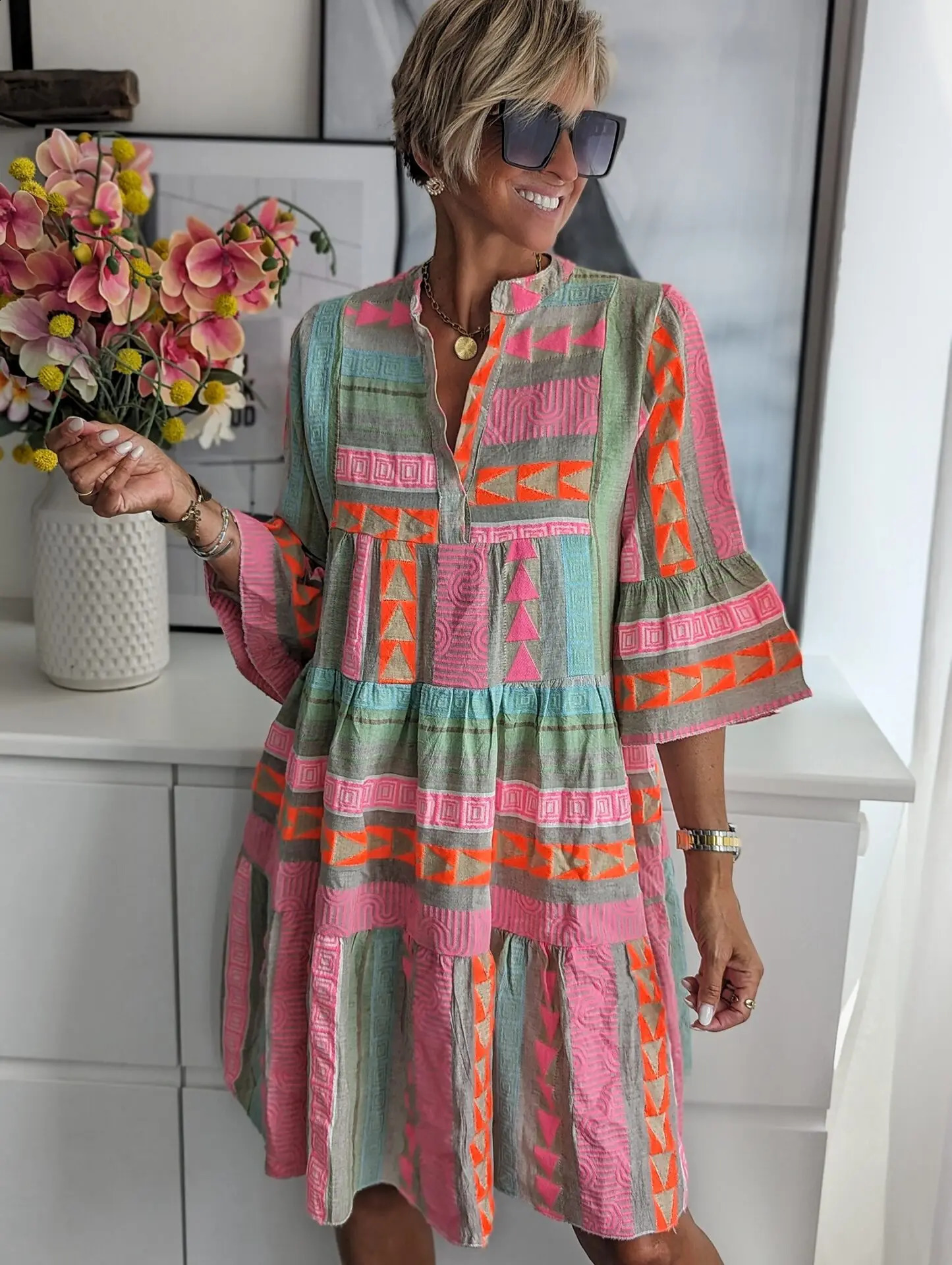 Women Sexy V Neck Ruffles Boho Mini Dress Spring Vintage Retro Print ALine Holiday Casual Fall 34 Flare Sleeve Loose Dresses 250121