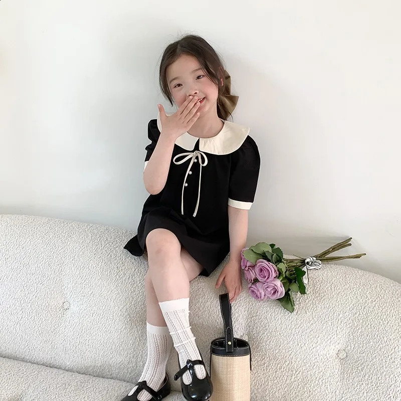 Girls Summer Dresses Children Temperament Princess Gown Teenager Fashion Bow Vestidos Kids Peter Pan Collar Clothing 250114