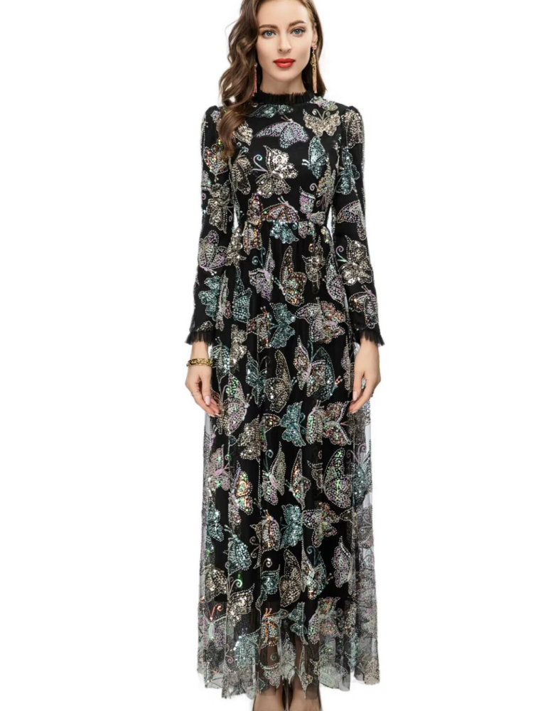 OC4099M5 Spring and Summer Women's Dress Multicolored Round Neck Long Sleeved Mesh Handmade Butterfly Embroidered Bead Long Skirt