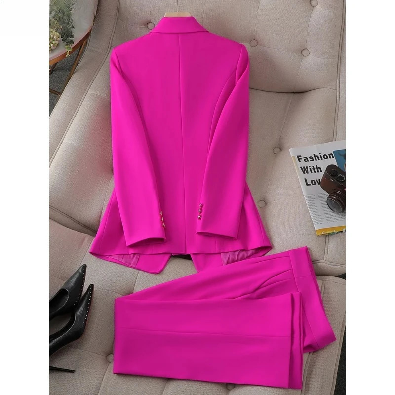 Button Decoration Formal Jacket Blazer and Trouser 2 Piece Set Fashion Pink Green Black Ladies Work Wear Pant Suit Women 250206