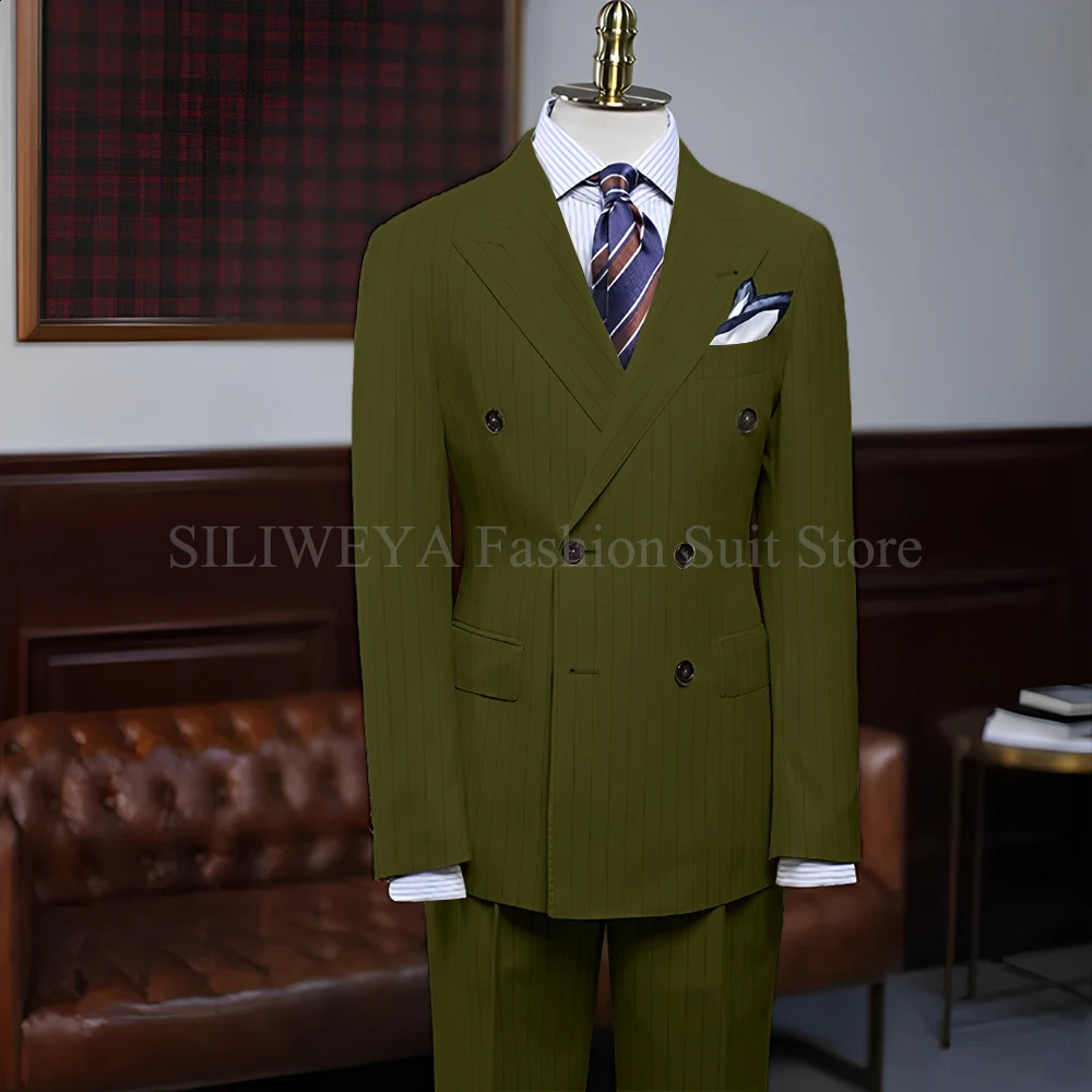 Beige Vertical Stripes Men Suits Highend Lapel Double Breasted Suit Slim Fit Business Casual Wedding Tuxedo 2 Piece Blazer y250121