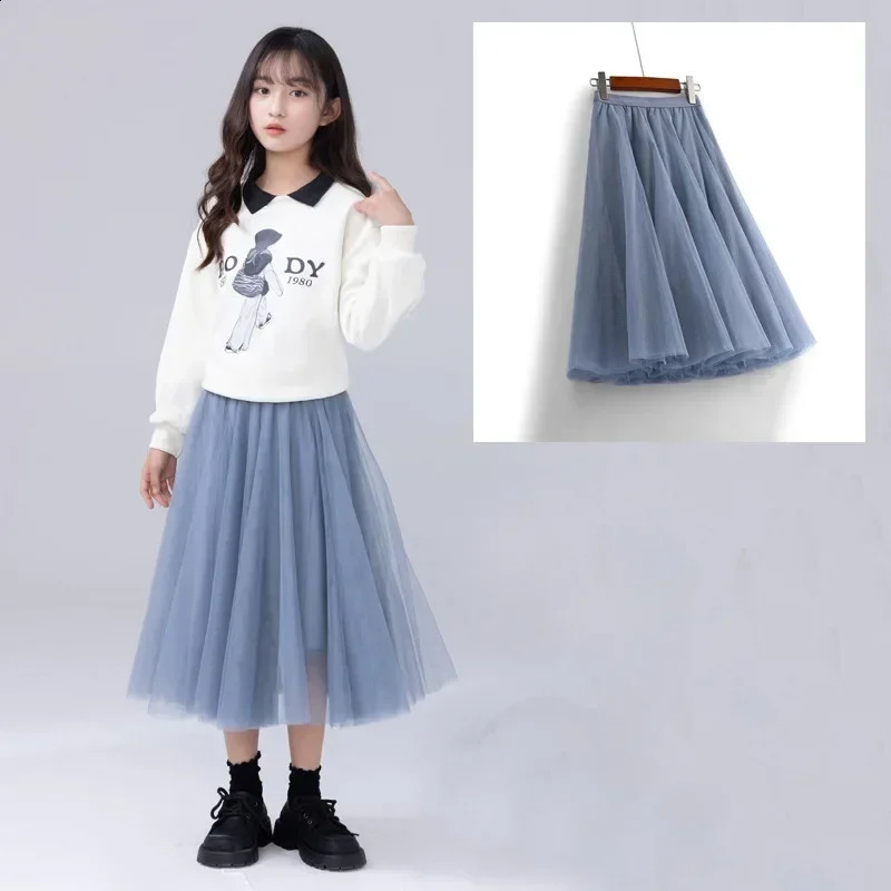 Elegant Dance Girls Mesh Skirt 10 12 Years Fashion All-match Classic Teen School Kids Fluffy Skirt Soft High Waist Child Clothes 250206
