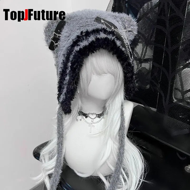 Womens Harajuku Steampunk Y2K Gothic Japanese Soft GirlBear Hat Cute Cross zipperChain decorationStar Hairline Hat 250120