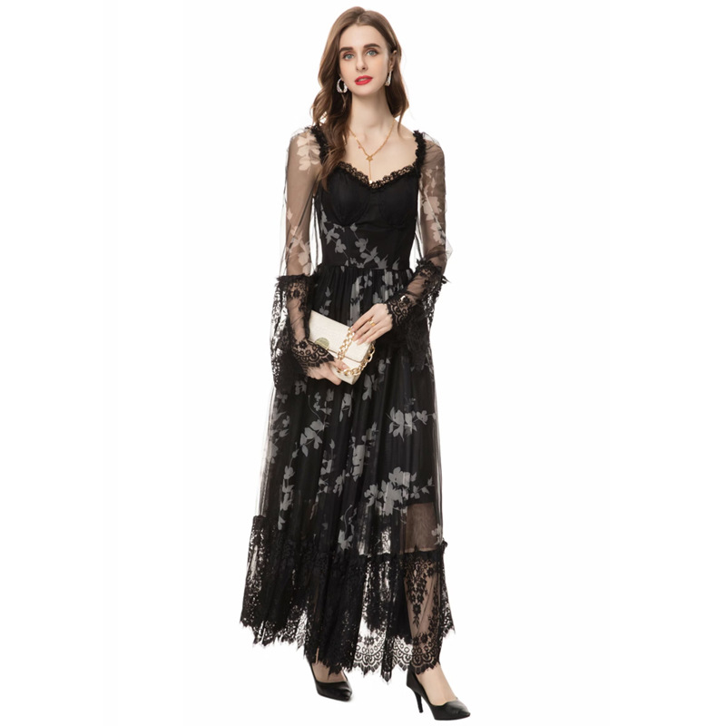 OC133M91 Spring and Summer Women's Dress Multicolored V-neck Long Sleeved Printed Patchwork Lace Long Skirt Temperament Socialite