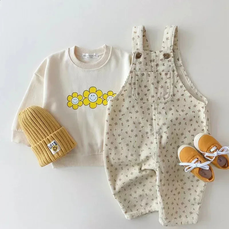 Autumn Baby Boy Solid Casual Overalls Girls Children Floral Suspenders Jumpsuit Kid Loose Cotton Denim Pants Infant Trouser 250206