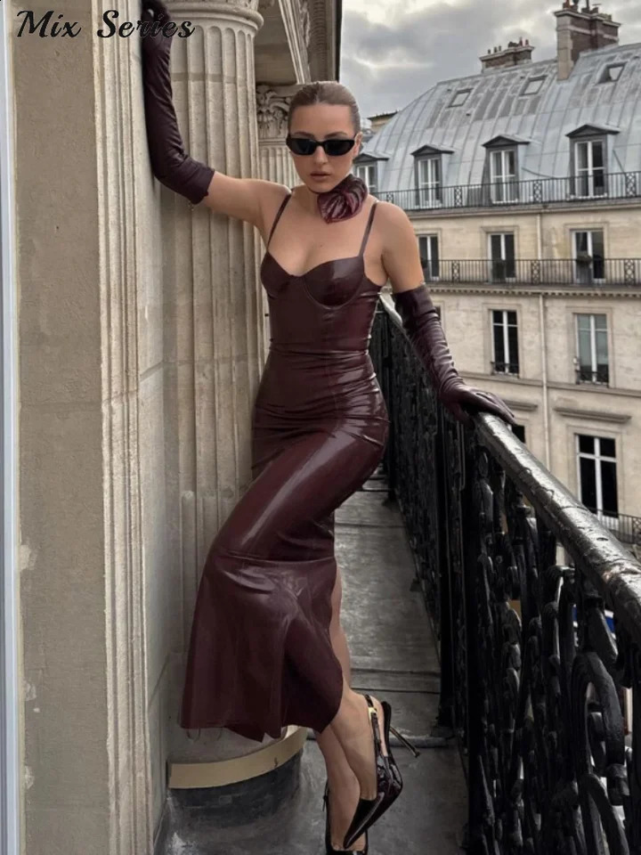 Sexy PU Leather Sling Dress Women Solid Sleeveless Hip Package High Waist Long Dresses 2024 Autumn Female Fashion Vestidos 250121