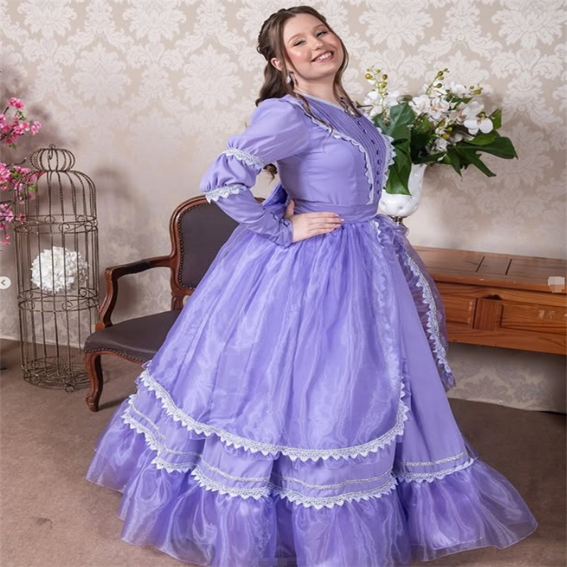 French Duchess Lilac Prom Dress 1860s Victorian Historical Long Sleeve Aesthetic Medieval Evening Dress Rococo Formal Custom Made Costume Halloween Bi