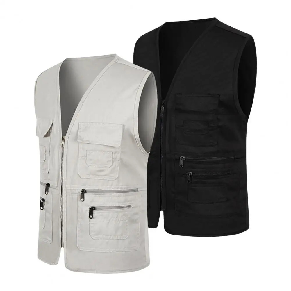 Cargo Waistcoat Men Mens Summer Cargo Waistcoat With Multi Pockets V-neck Zipper Placket Sports Vest For Safety Work 250206