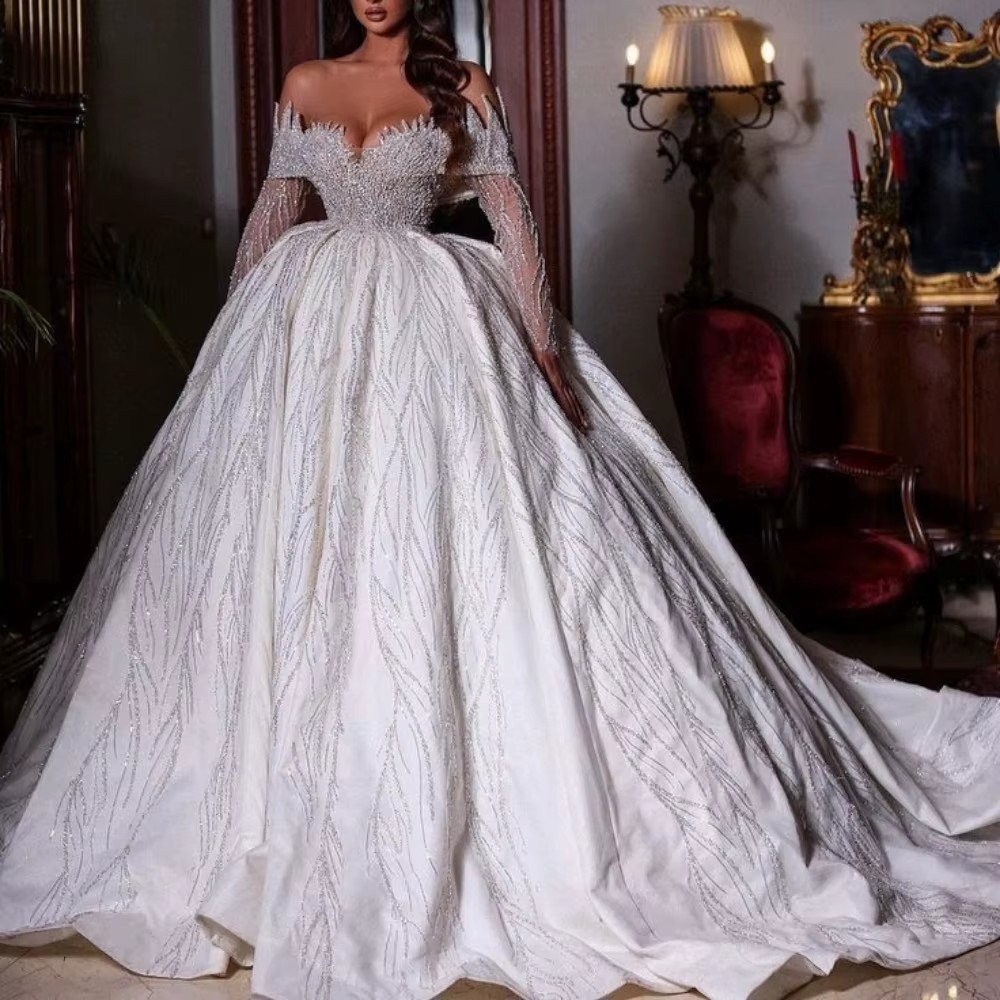 Ball Wedding Dresses Long Sleeves Off Shoulder Bridal Gown Appliques Sequins Sweep Train Dress Customized