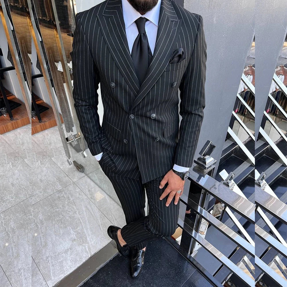 High Quality Black Stripe Mens Suits Lapel Double Breasted Male Clothing Prom Party Elegant Wedding 2 Piece Jacket Pants 250121