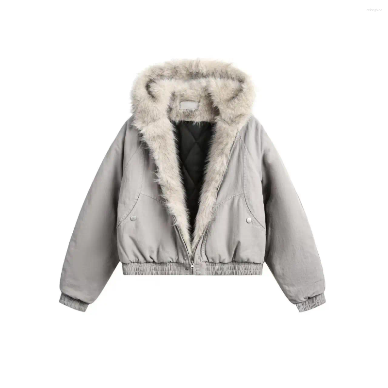 Women's Jackets Y2K Fashion Simple Retro Fur Collar Cotton Hooded Jacket Women Winter Streetwear Loose Veet Warm Haruku Casual