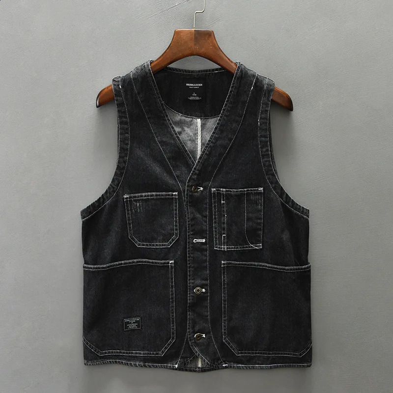Z014 Spring Fashion Mens Denim Vest Good Quality Teens V-neck Sleeveless Multi-pocket Easy Match Soft Loose Casual Waistcoats 250206