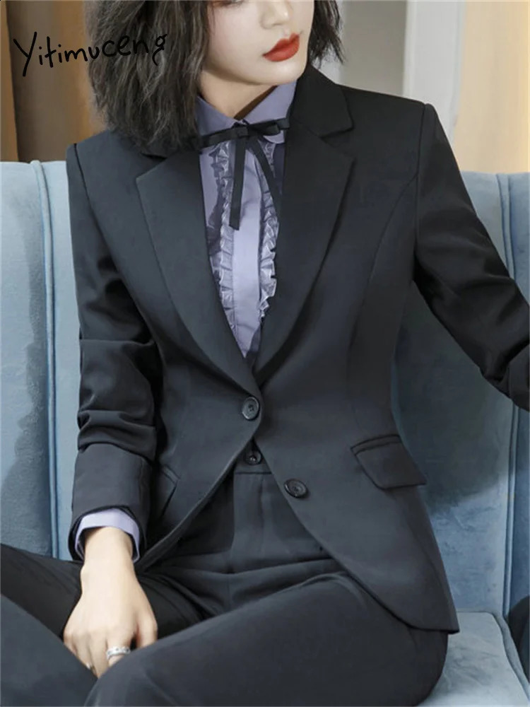 Yitimuceng Office Ladies Pants Suits for Women Long Sleeve Single Breasted Slim Formal Blazer Suits Pants 2 Piece Set 250206