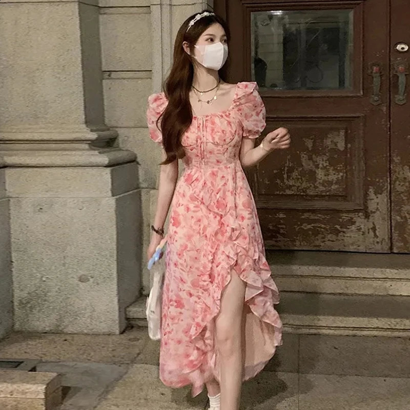 Short Sleeve French Elegant Dress Beach Floral One Piece Beach Midi Dress 250206