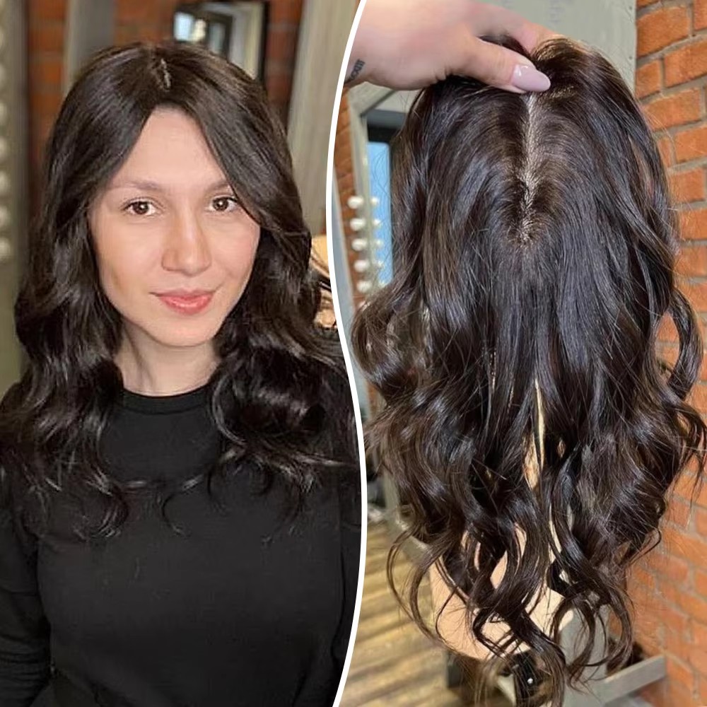Dark Brown Wavy Hair Silk Base Human Hair Topper Real Scalp Women Toupee Thin Hair Help Hairpiece with Clips