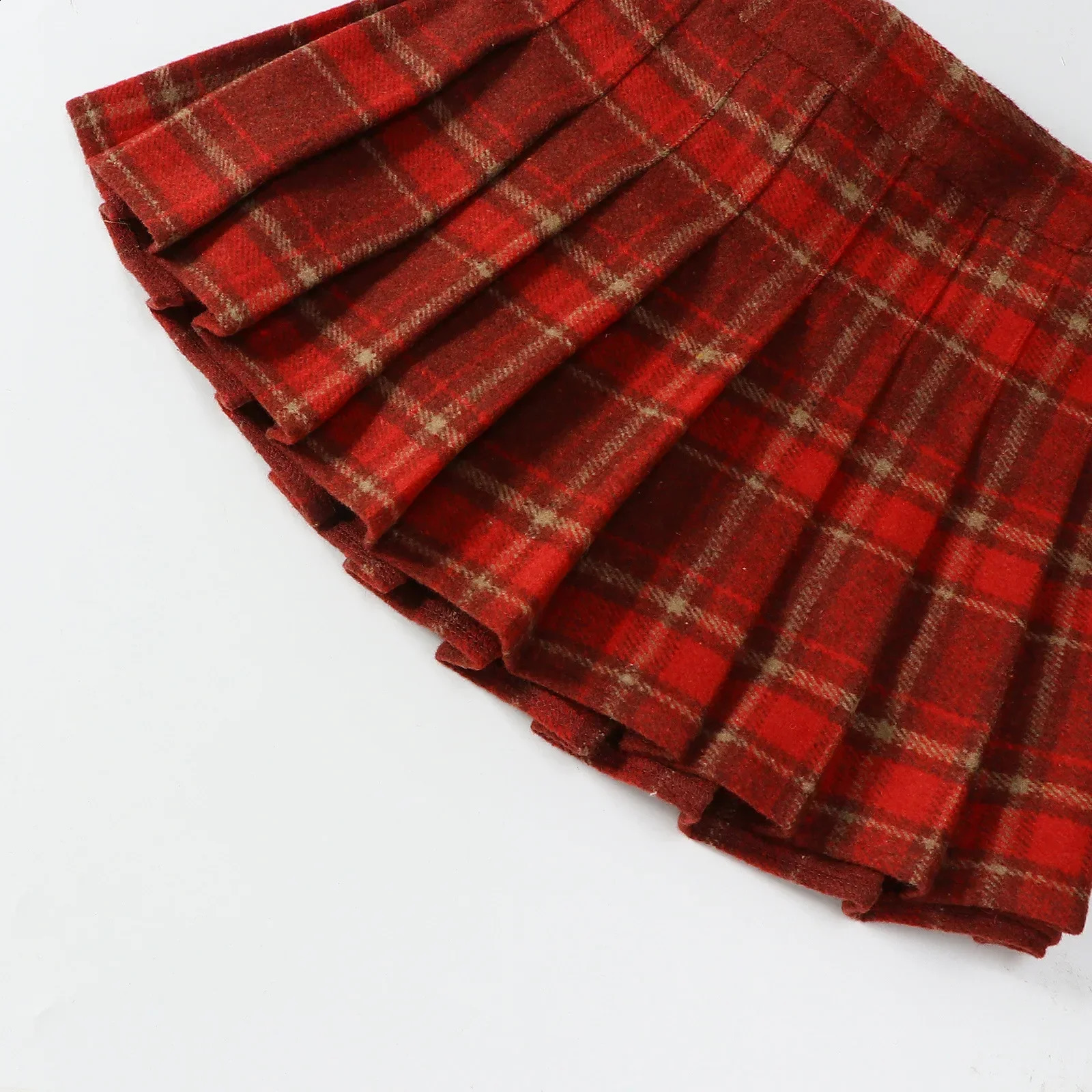 Girls Woolen Plaid Skirt Autumn Winter Thicken Warm A-line Short Skirt College Style Red Year Christmas Costume Kids Clothes 250206