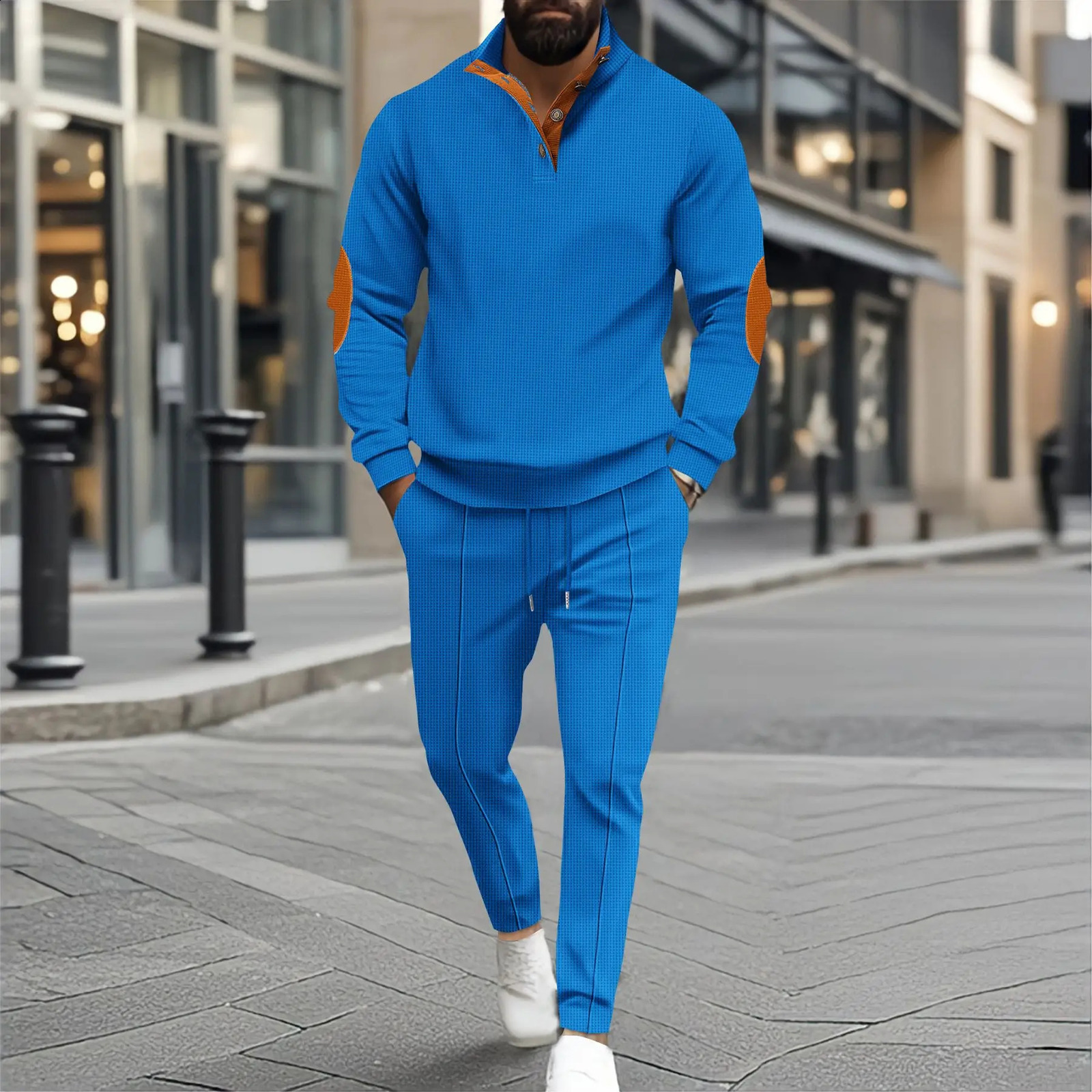 Autumn and winter mens fashion outdoor sports half zipper Waffle casual stand collar long sleeve hoodie trousers mens su 250121
