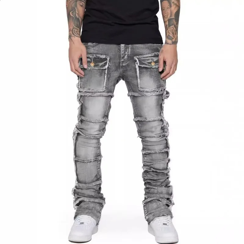 Stretchy Retro Cargo Jeans Men Ripped Washed Pants Straight Leg Male Patched Denim Trousers Y2k Hip Hop Streetwear Trouser 250206