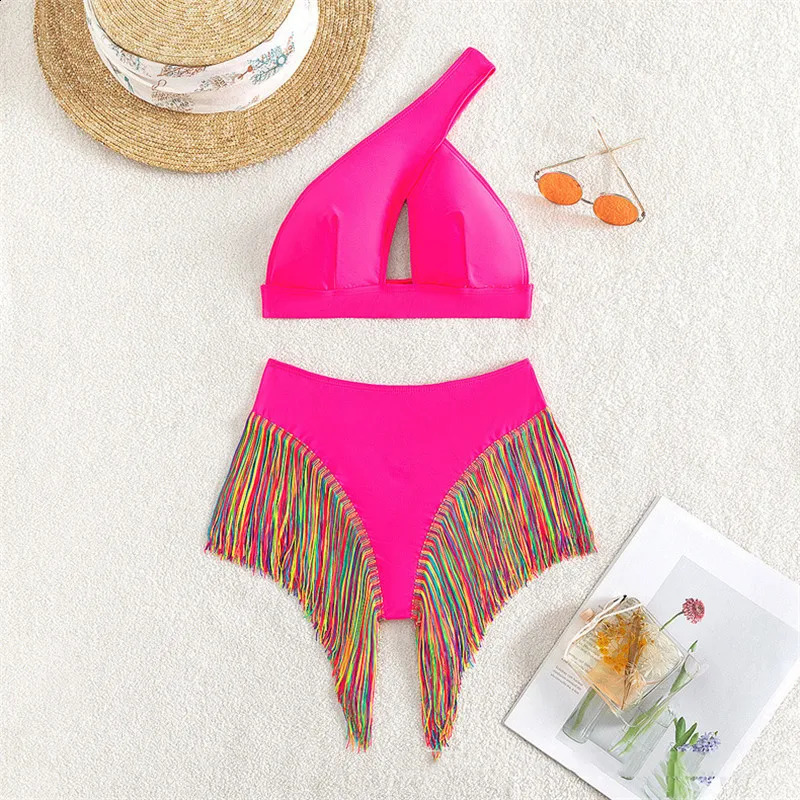 Sexy Fringe Tassel High Wasit Bikini Set One Shoulder Swimwear Hollow Out Swimsuits Woman 2024 Bathing Suit Bikinis Muejr Summer 250121