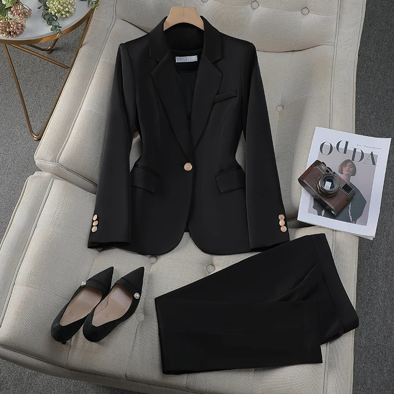 Autumn Winter Two Pieces Suit Women Solid Business Work Single Button Long Sleeves Blazer Coat High Waist Ankle-length Pant 250206
